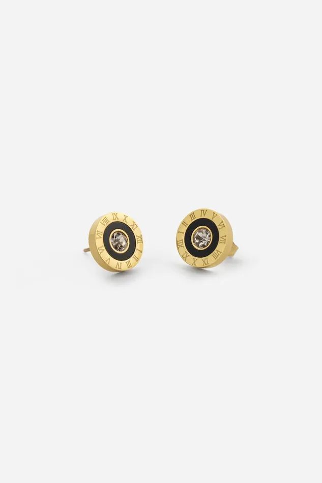 Gold Stainless Steel Diamante Clock Earrings Women Roman Jewellery