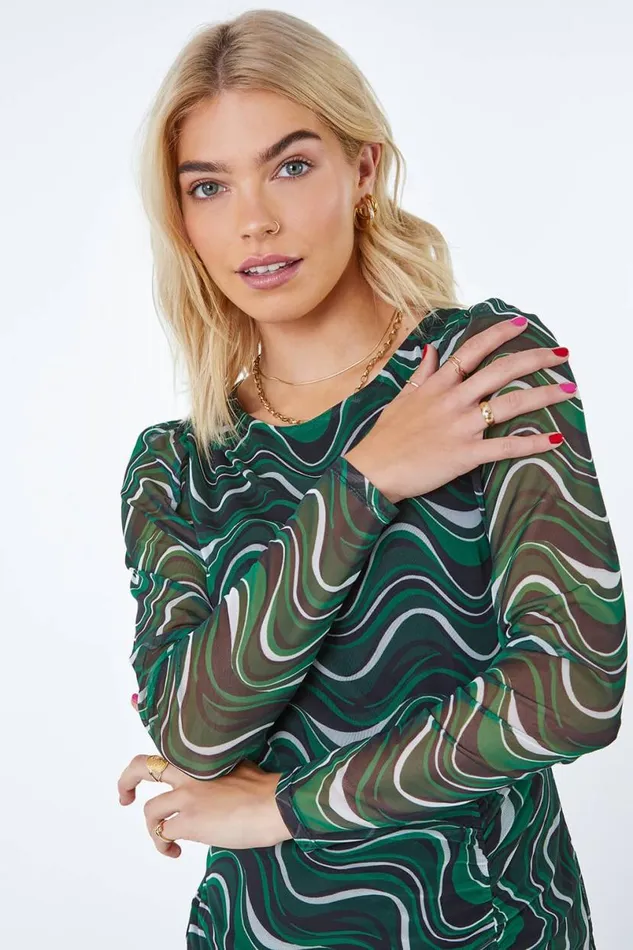 Green Abstract Ruched Side Midi Dress Women Roman Dresses
