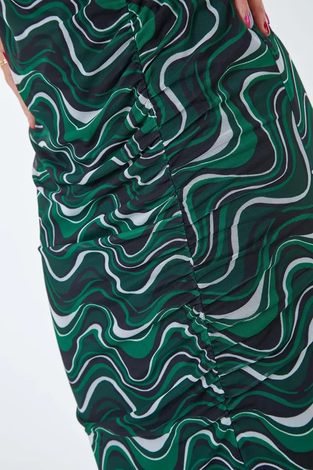 Green Abstract Ruched Side Midi Dress Women Roman Dresses