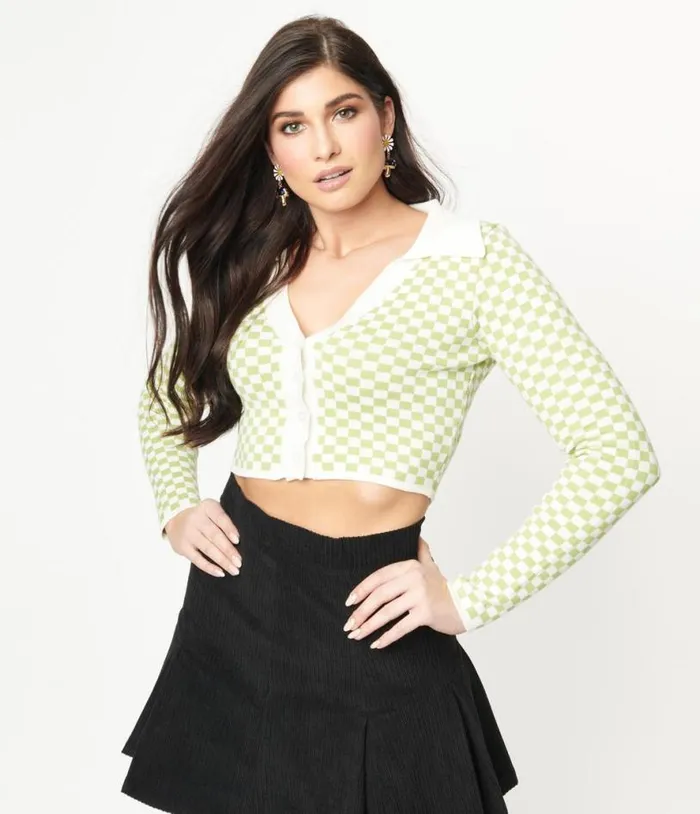 Green and Ivory Check Crop Cardigan Clothing Unique Vintage Sweaters and Cardigans
