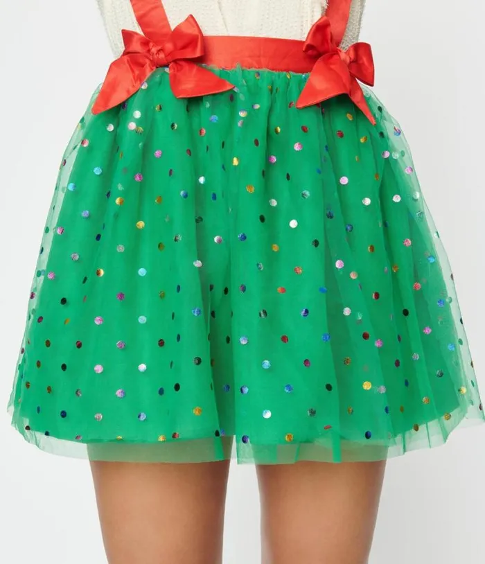 Green and Multi Polka Dot Tulle Suspender Mini Skirt Clothing Unique Vintage Skirts