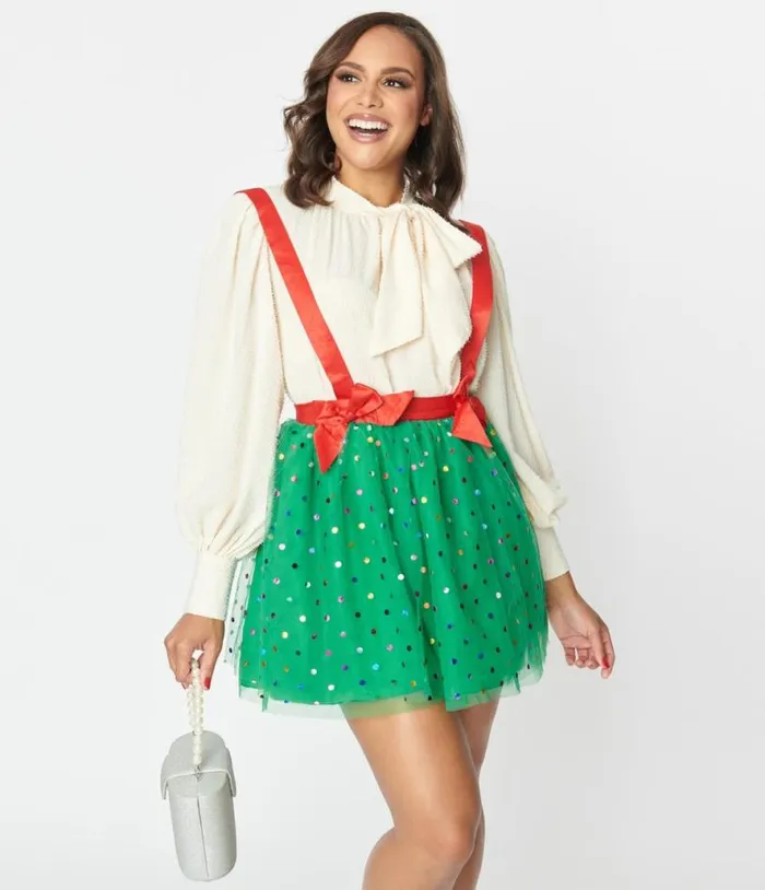 Green and Multi Polka Dot Tulle Suspender Mini Skirt Clothing Unique Vintage Skirts