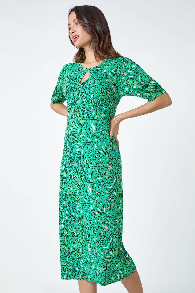 Green Animal Print Keyhole Stretch Dress Women Roman Dresses