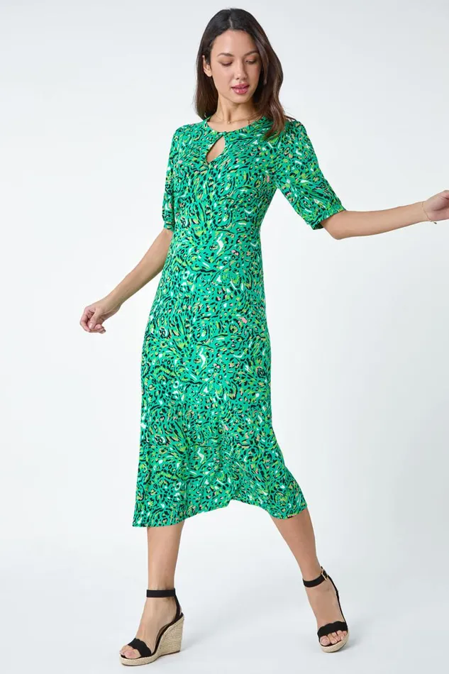 Green Animal Print Keyhole Stretch Dress Women Roman Dresses