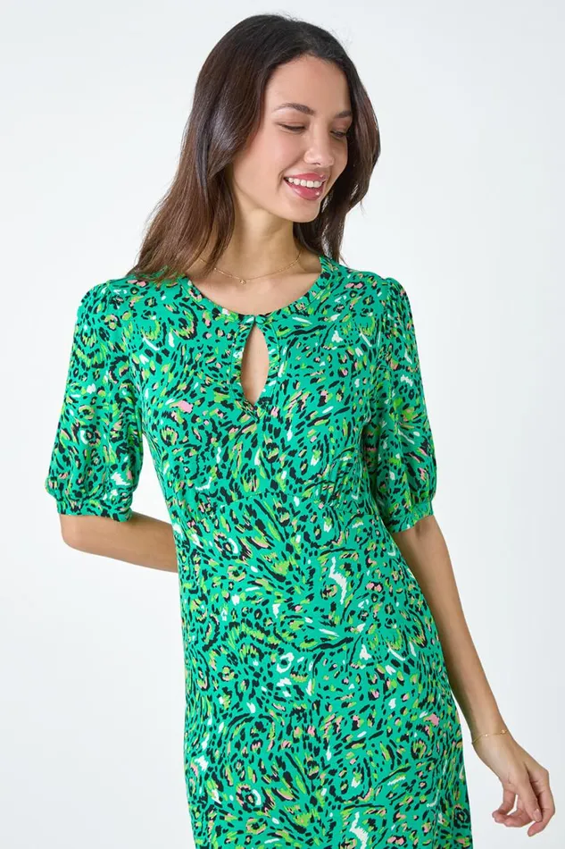 Green Animal Print Keyhole Stretch Dress Women Roman Dresses