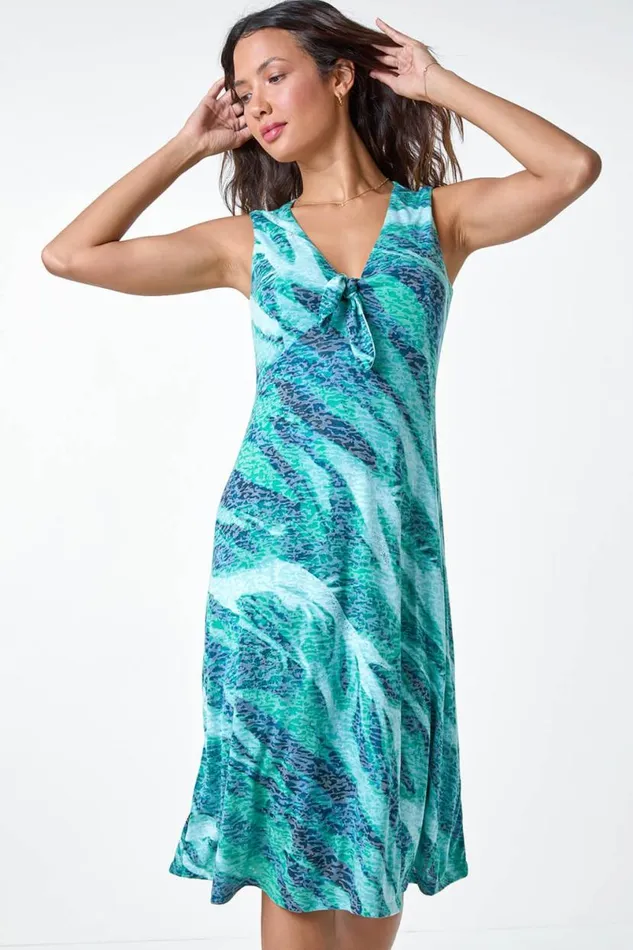 Green Burnout Abstract Knot Front Stretch Dress Women Roman Dresses