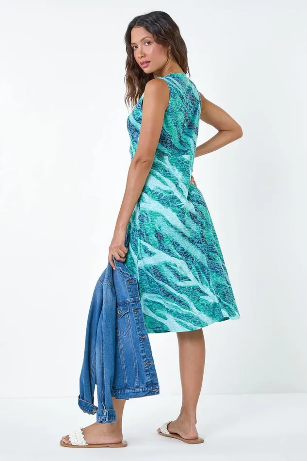 Green Burnout Abstract Knot Front Stretch Dress Women Roman Dresses