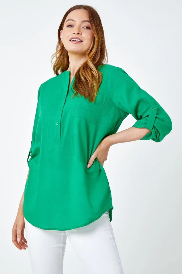 Green Button Detail VNeck Cotton Overshirt Women Roman Tops
