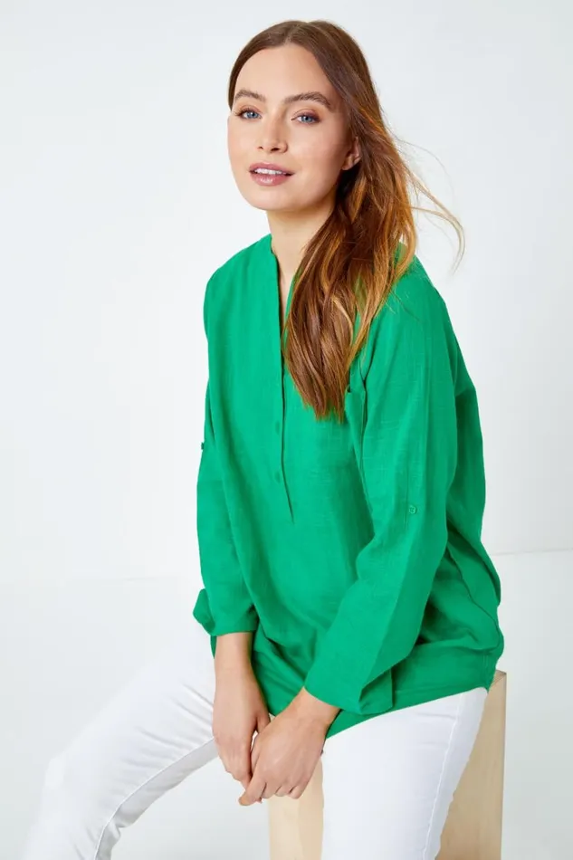 Green Button Detail VNeck Cotton Overshirt Women Roman Tops