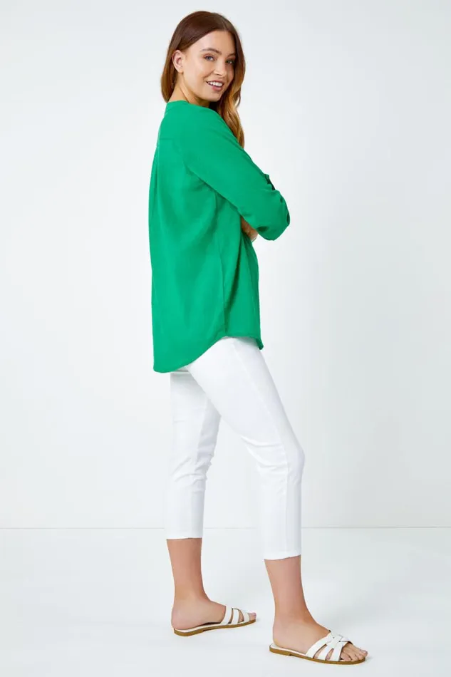 Green Button Detail VNeck Cotton Overshirt Women Roman Tops