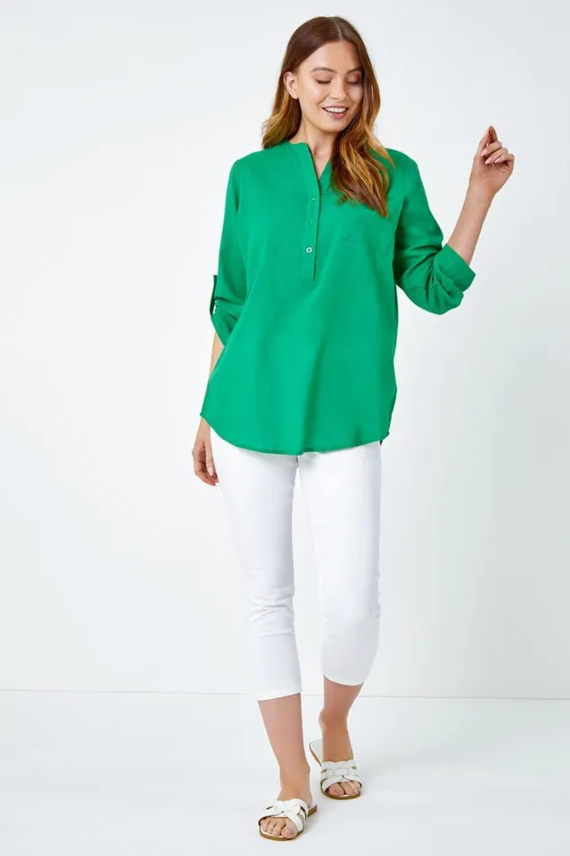 Green Button Detail VNeck Cotton Overshirt Women Roman Tops