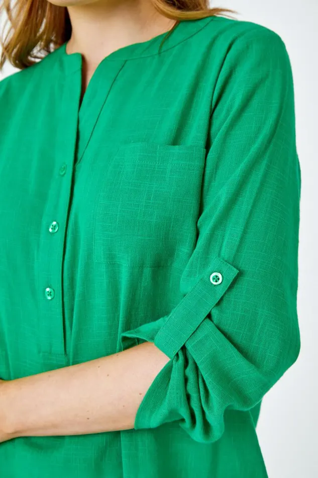 Green Button Detail VNeck Cotton Overshirt Women Roman Tops