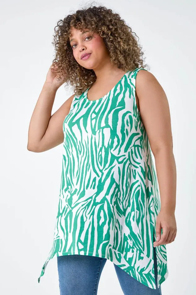 Green Curve Animal Stretch Hanky Hem Vest Top Women Roman Tops