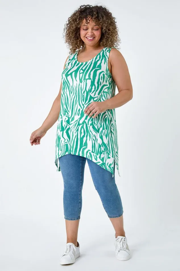 Green Curve Animal Stretch Hanky Hem Vest Top Women Roman Tops