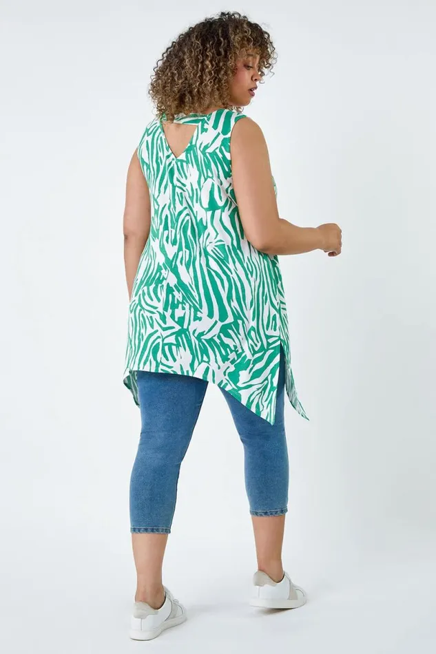 Green Curve Animal Stretch Hanky Hem Vest Top Women Roman Tops
