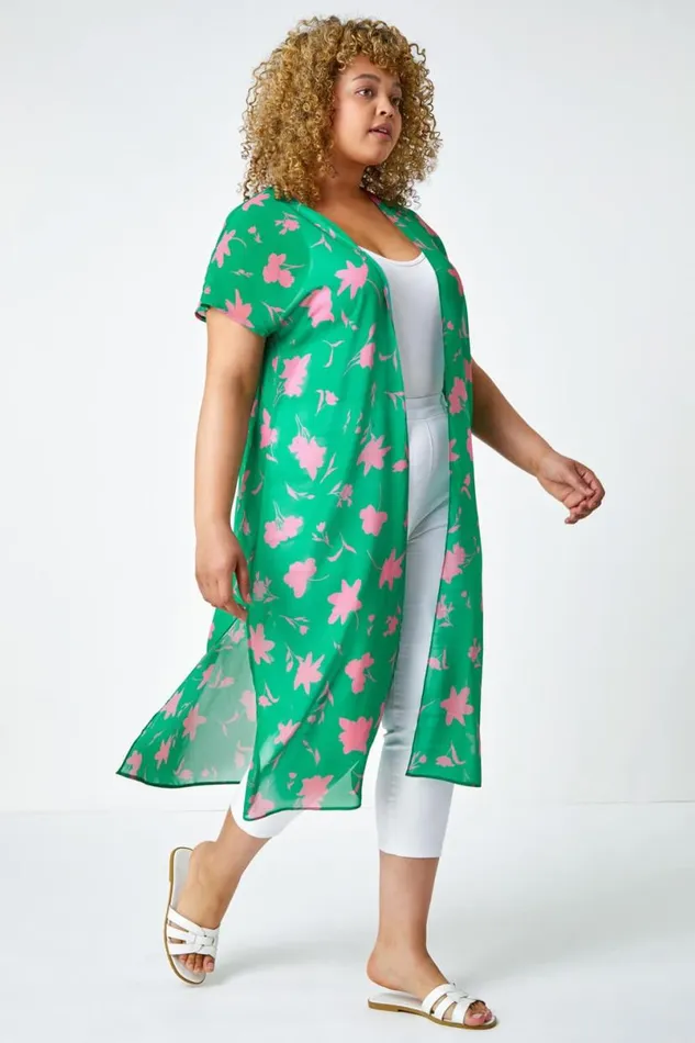 Green Curve Floral Print Longline Chiffon Kimono Women Roman Tops