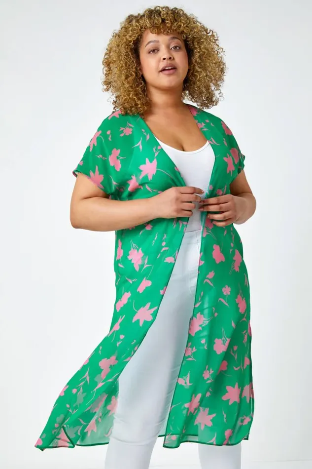 Green Curve Floral Print Longline Chiffon Kimono Women Roman Tops