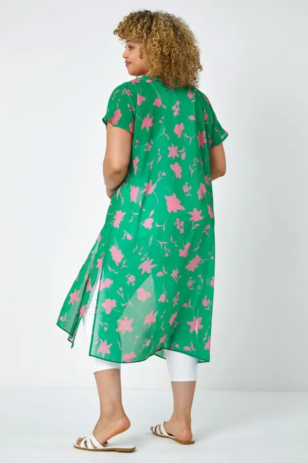 Green Curve Floral Print Longline Chiffon Kimono Women Roman Tops
