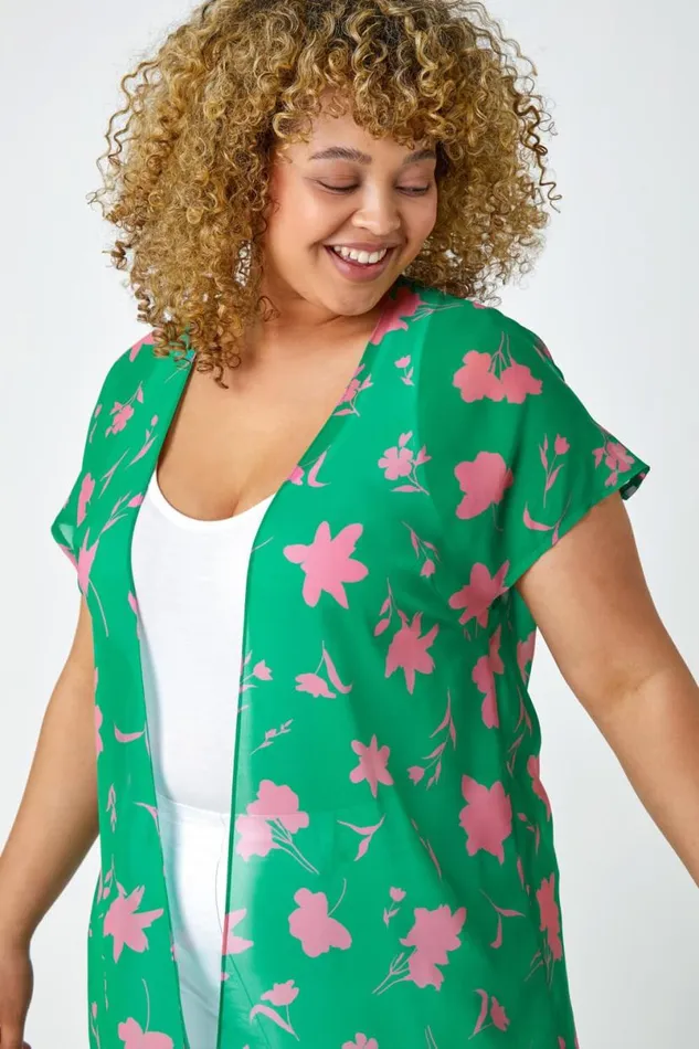 Green Curve Floral Print Longline Chiffon Kimono Women Roman Tops