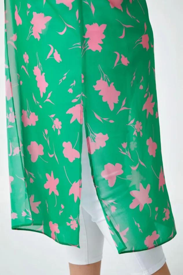 Green Curve Floral Print Longline Chiffon Kimono Women Roman Tops