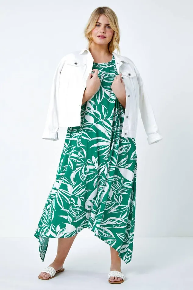 Green Curve Leaf Print Midi Dress Women Roman Dresses