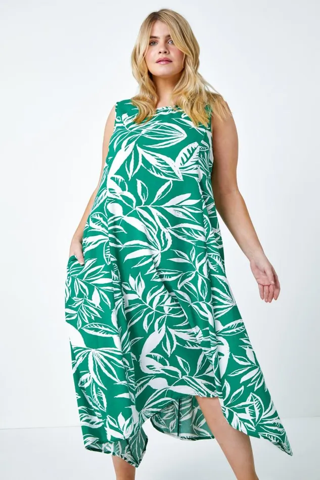 Green Curve Leaf Print Midi Dress Women Roman Dresses
