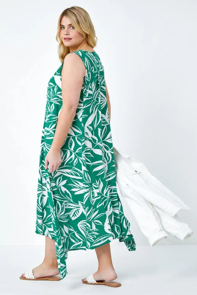 Green Curve Leaf Print Midi Dress Women Roman Dresses