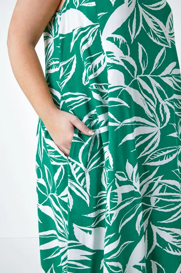 Green Curve Leaf Print Midi Dress Women Roman Dresses