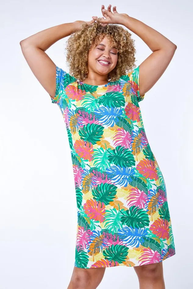 Green Curve Stretch Leaf Print Shift Dress Women Roman Dresses