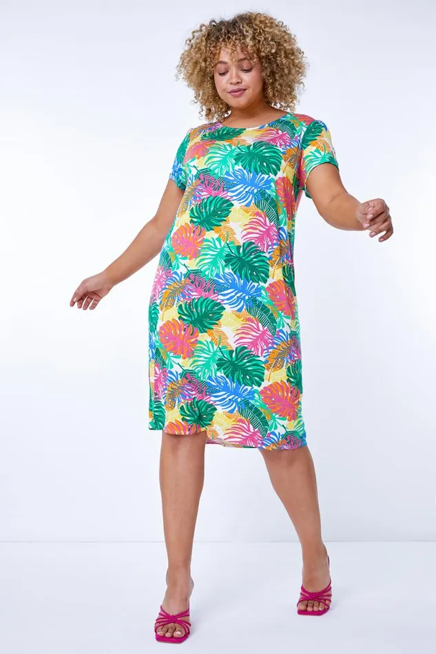 Green Curve Stretch Leaf Print Shift Dress Women Roman Dresses