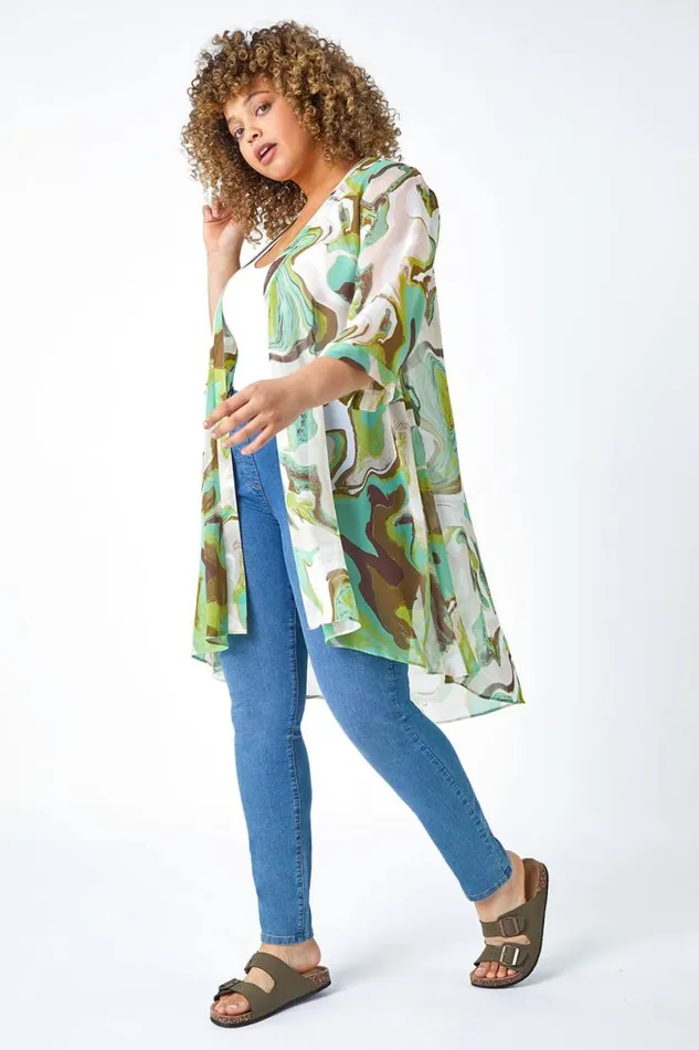 Green Curve Swirl Print Dipped Hem Kimono Women Roman Tops