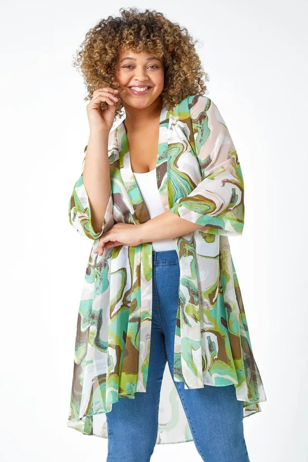 Green Curve Swirl Print Dipped Hem Kimono Women Roman Tops