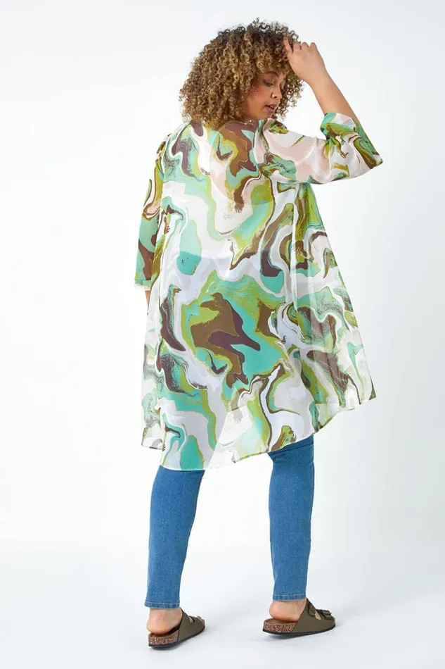 Green Curve Swirl Print Dipped Hem Kimono Women Roman Tops