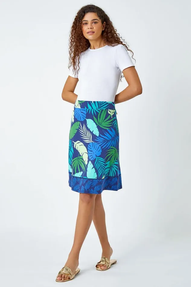 Green Elastic Waist Palm Leaf Border A Line Skirt Women Roman Skirts