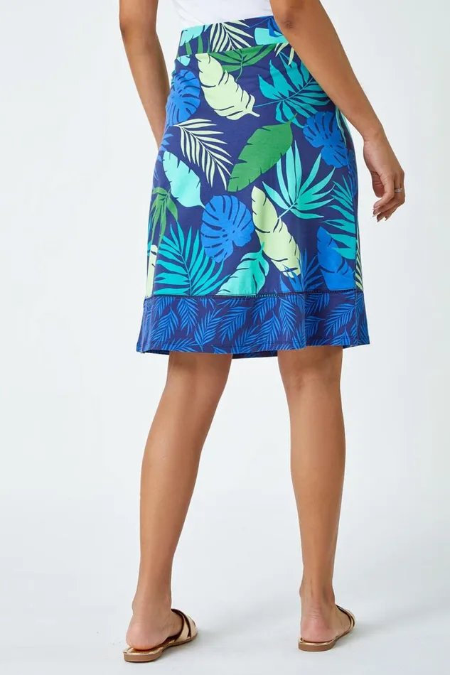 Green Elastic Waist Palm Leaf Border A Line Skirt Women Roman Skirts