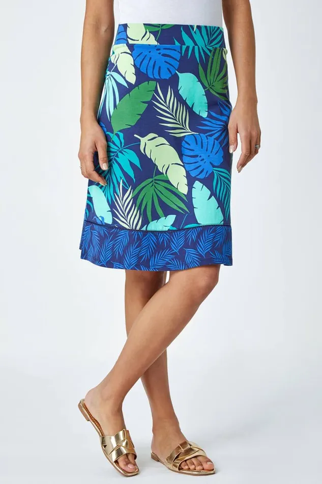 Green Elastic Waist Palm Leaf Border A Line Skirt Women Roman Skirts