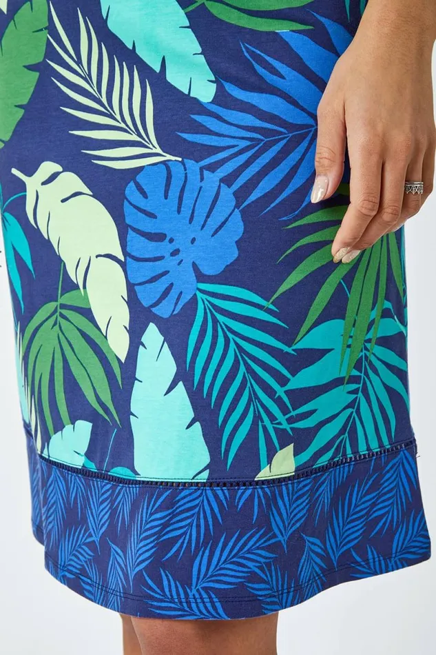 Green Elastic Waist Palm Leaf Border A Line Skirt Women Roman Skirts