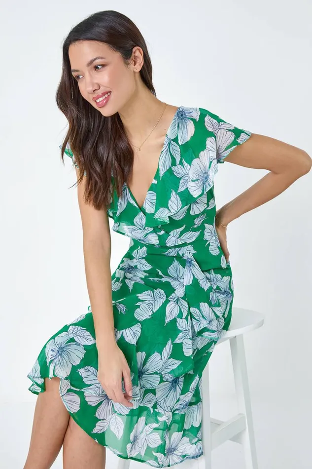 Green Floral Print Chiffon Frill Midi Dress Women Roman Dresses