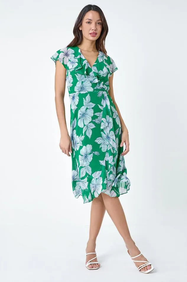 Green Floral Print Chiffon Frill Midi Dress Women Roman Dresses