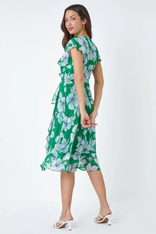 Green Floral Print Chiffon Frill Midi Dress Women Roman Dresses