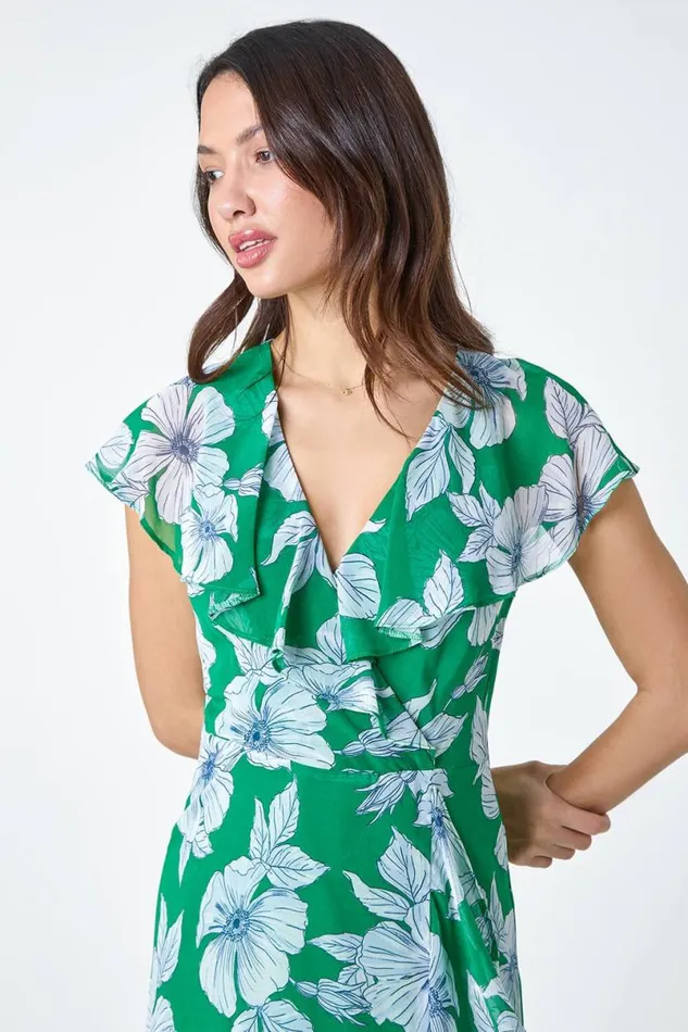 Green Floral Print Chiffon Frill Midi Dress Women Roman Dresses