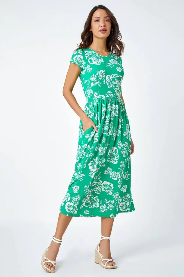 Green Floral Print Midi Stretch Dress Women Roman Dresses
