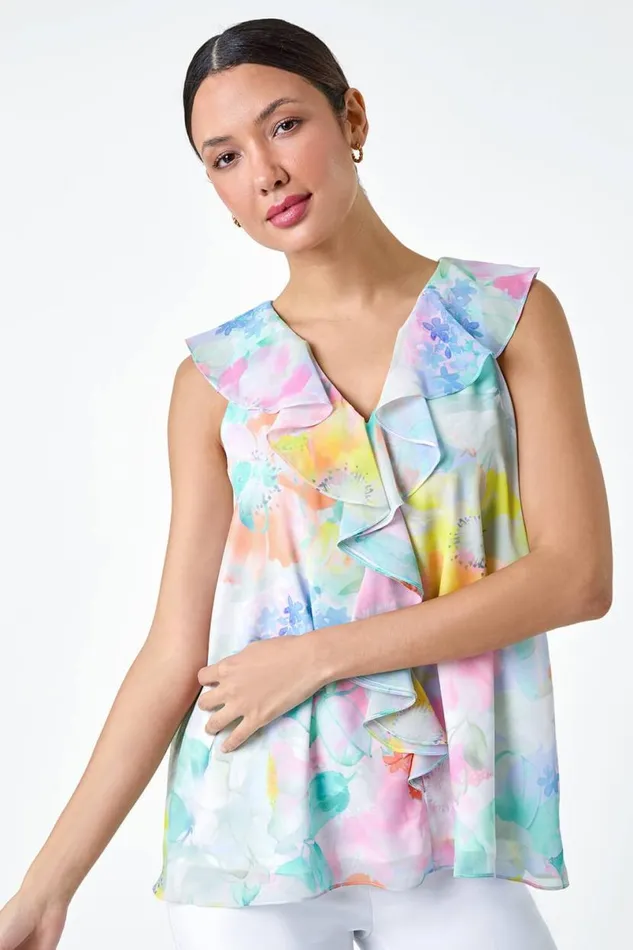 Green Floral Print VNeck Ruffle Front Top Women Roman Tops