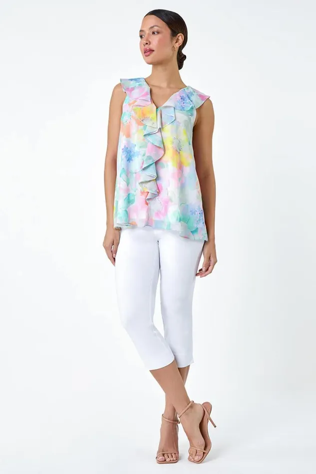 Green Floral Print VNeck Ruffle Front Top Women Roman Tops