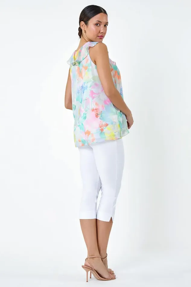 Green Floral Print VNeck Ruffle Front Top Women Roman Tops