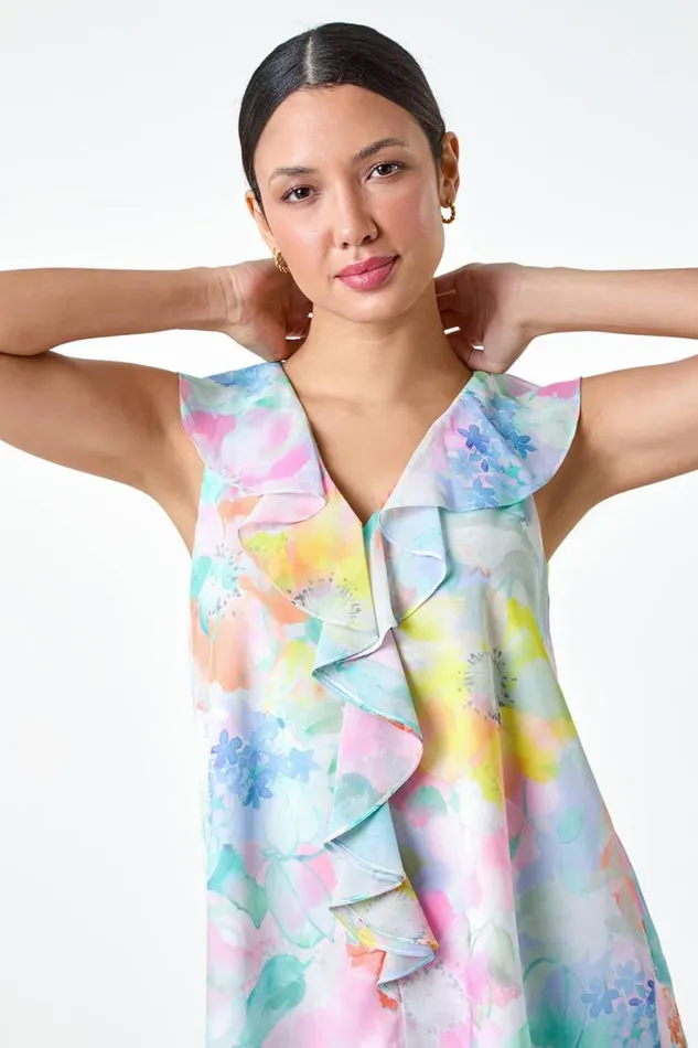 Green Floral Print VNeck Ruffle Front Top Women Roman Tops