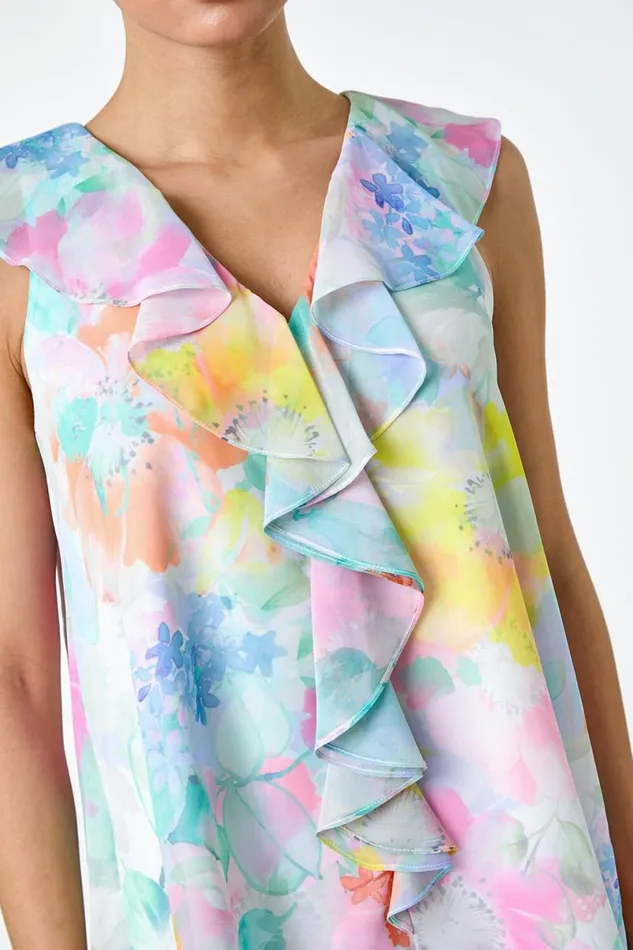 Green Floral Print VNeck Ruffle Front Top Women Roman Tops