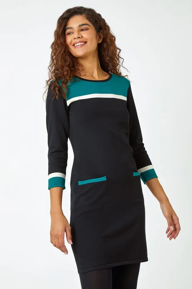 Green Knitted Colour Block Dress Women Roman Dresses