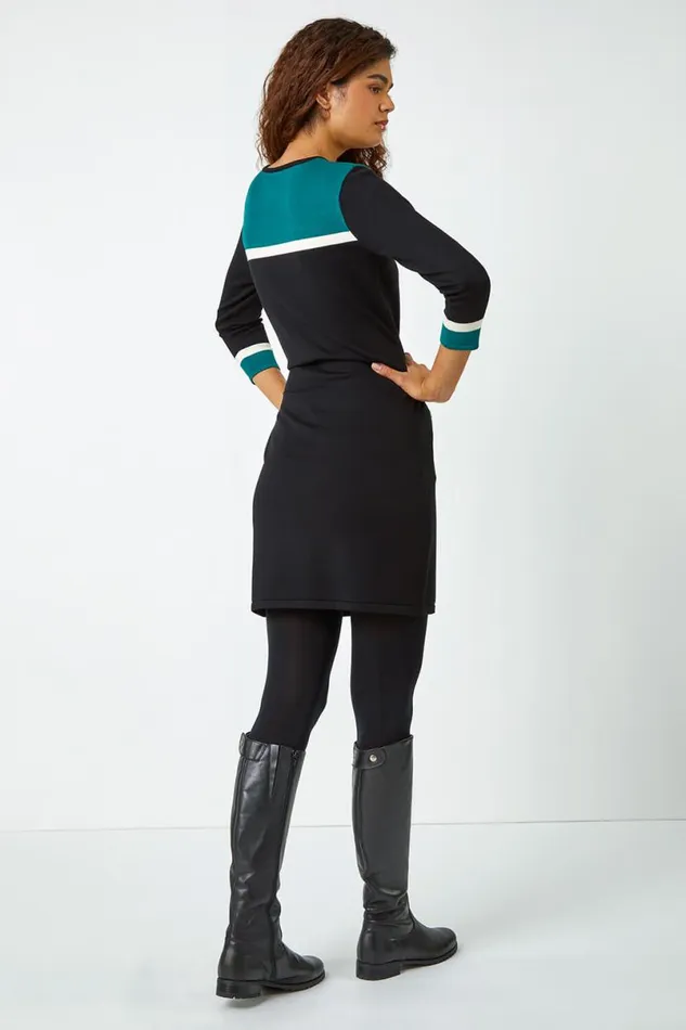 Green Knitted Colour Block Dress Women Roman Dresses