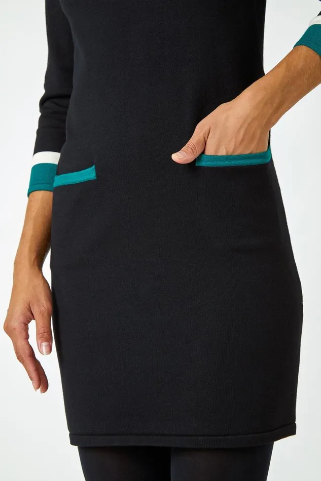 Green Knitted Colour Block Dress Women Roman Dresses